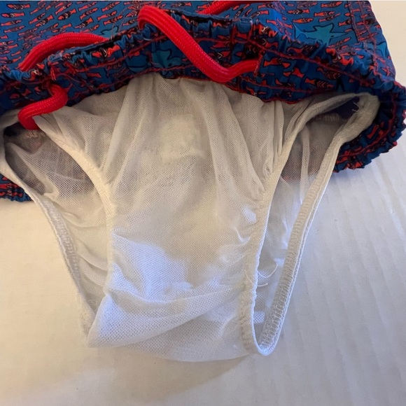 JR SWIM TRUNKS FOR BOYS. SIZE 7  BLUE & ORANGE SHARKS & FISH - Picture 2 of 6